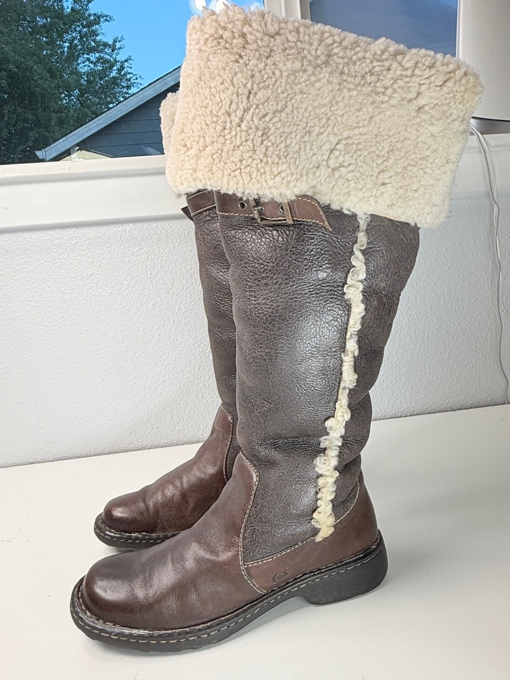 Born Leather Shearling Fold Over Tall Boots Brown Womens Size  8 EU 39